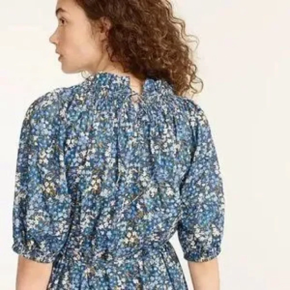 J. Crew Smocked Puff Sleeve Midi Dress XS Liberty Fabric Blue Floral Cottagecore - Picture 2 of 16